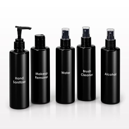 250 ml Printed Cylinder Bottles, Black with Sprayer, Disc Top Cap or Lotion Pump