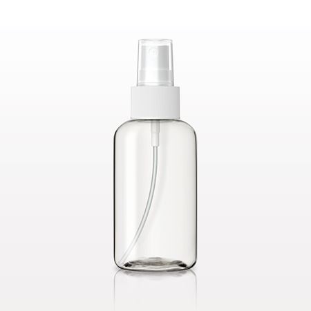 Boston Round Bottle, Clear with Fine Mist Spray Pump, White and Overcap